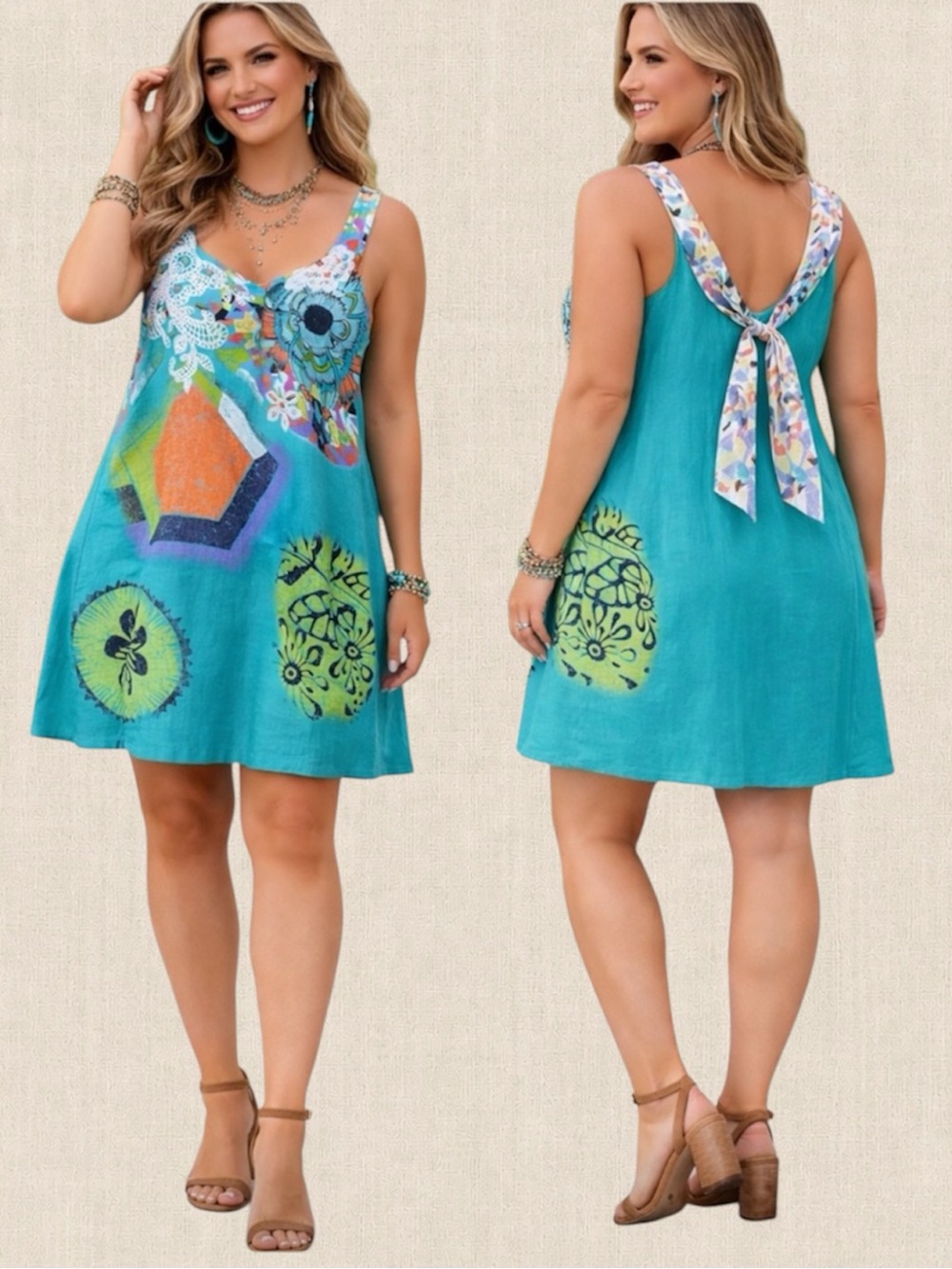 Tricotto Artsy Mini Dress XL Floral Turquoise Geometric Tie Back Sleeveless Boho
